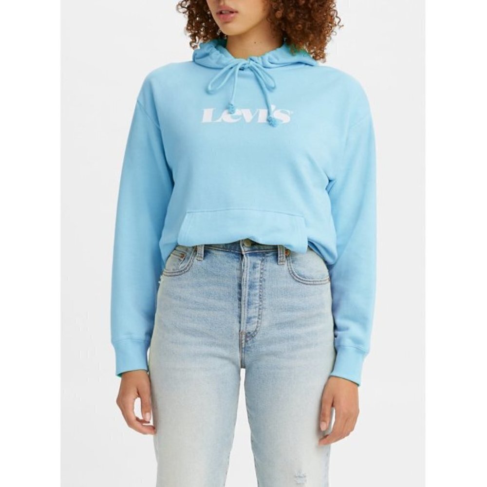 JR317 Levi's Blue Women's Logo Print Hoodie Sweatshirt Size L